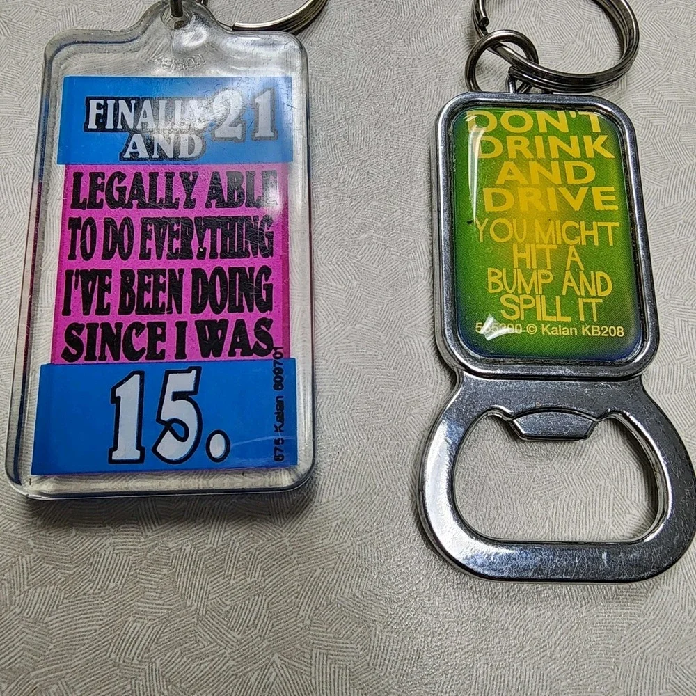 Vintage Keychain Lot Of 2 Novelty Spencer's Keychains 90's 21 Legal Bottle Opene